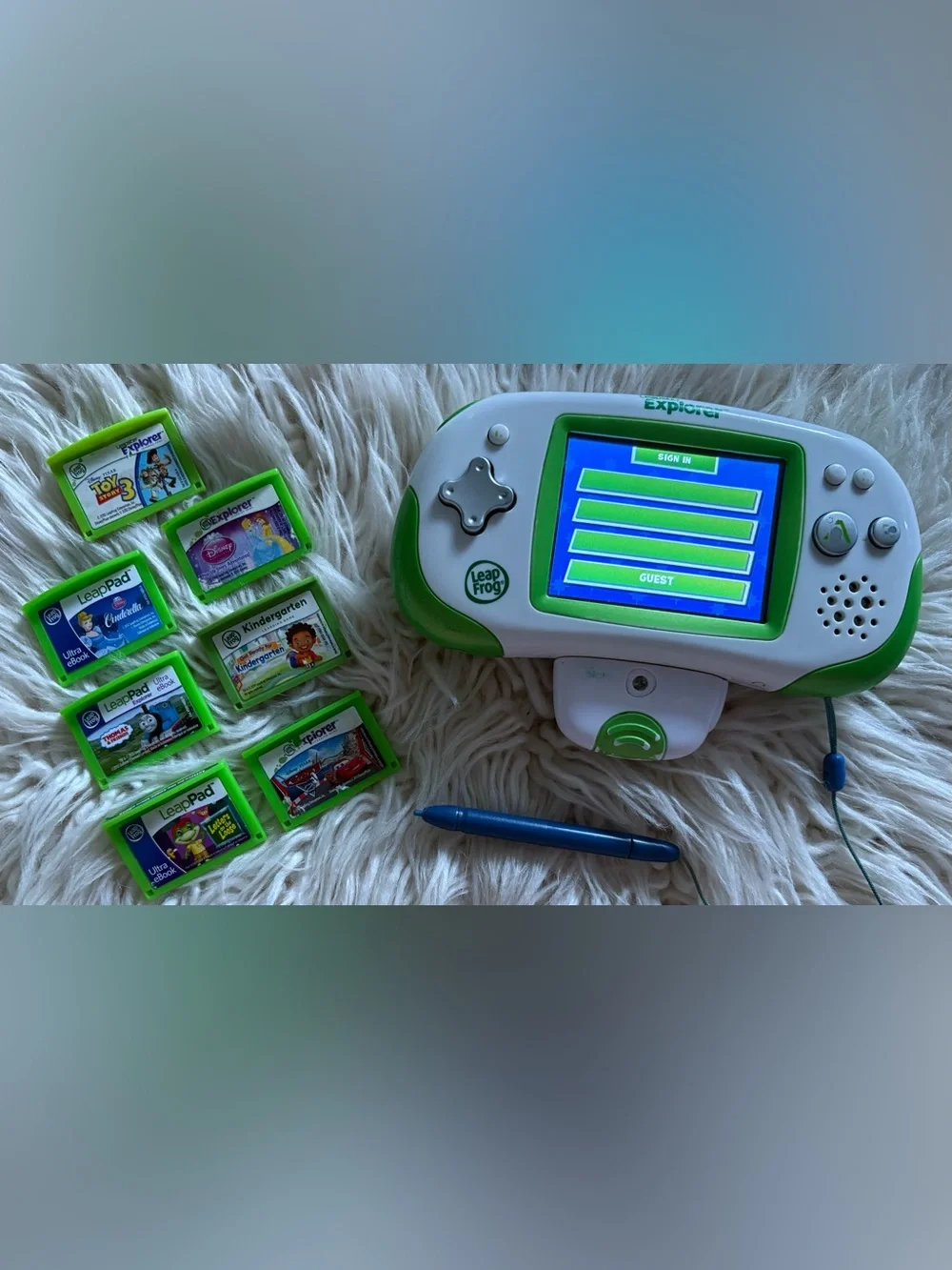 Leap Frog Leapster Explorer Learning Game System Lot Camera 7 Games Disney Green